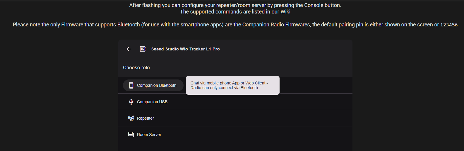 Screenshot of device role selection, highlighting Companion Bluetooth