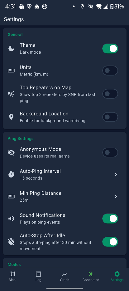 Screenshot of settings page