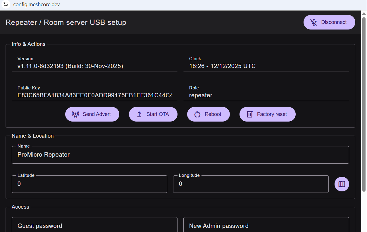Screenshot of Repeater / Room server USB setup admin section