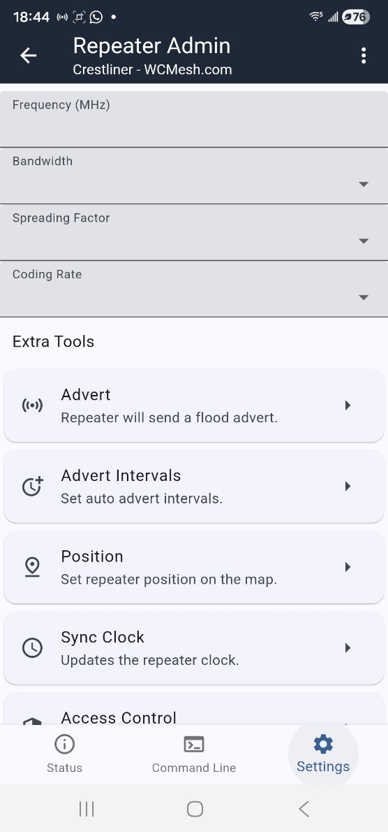 Screenshot of Repeater Admin Settings screen showing Sync Clock option