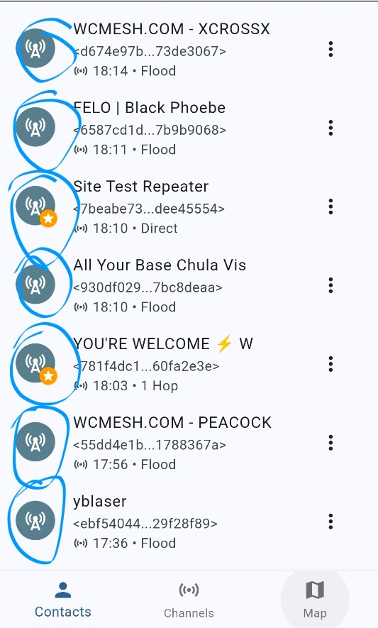 Screenshot of Meshcore app Contacts screen with repeater icons circled