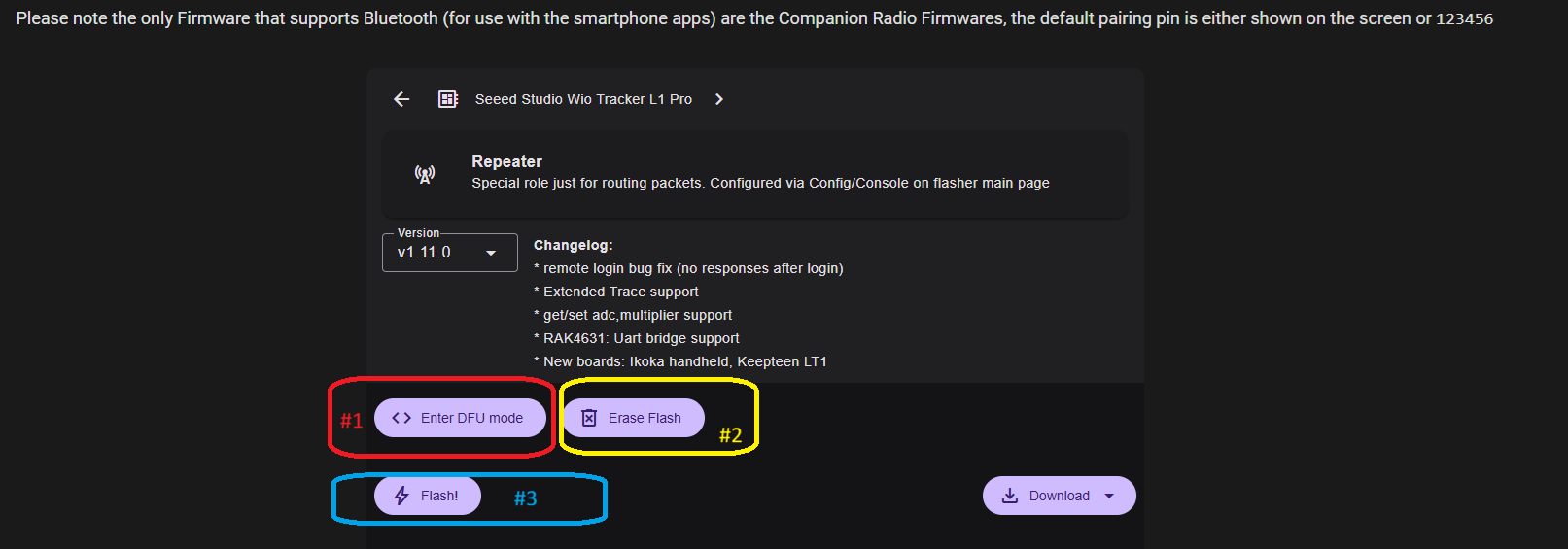 Screenshot of Repeater firmware flashing options, highlighting DFU mode, Erase, and Flash buttons