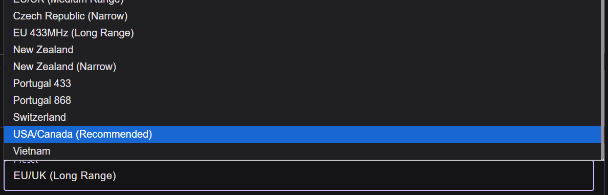 Screenshot of Radio settings preset selection dropdown