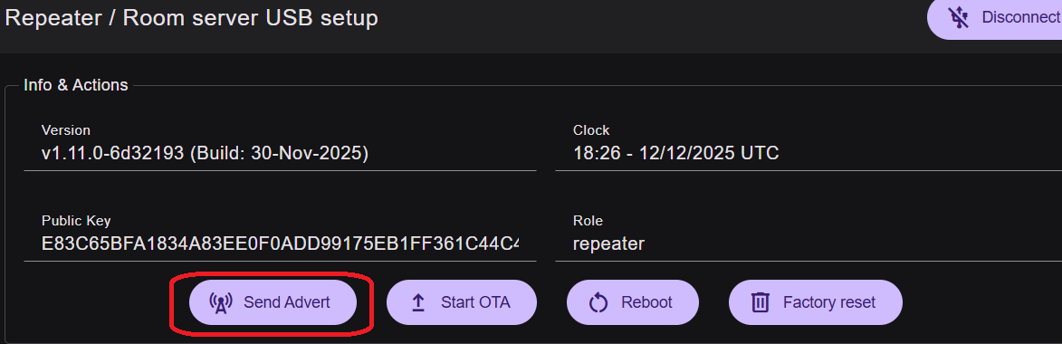 Screenshot of Repeater admin section highlighting the Send Advert button