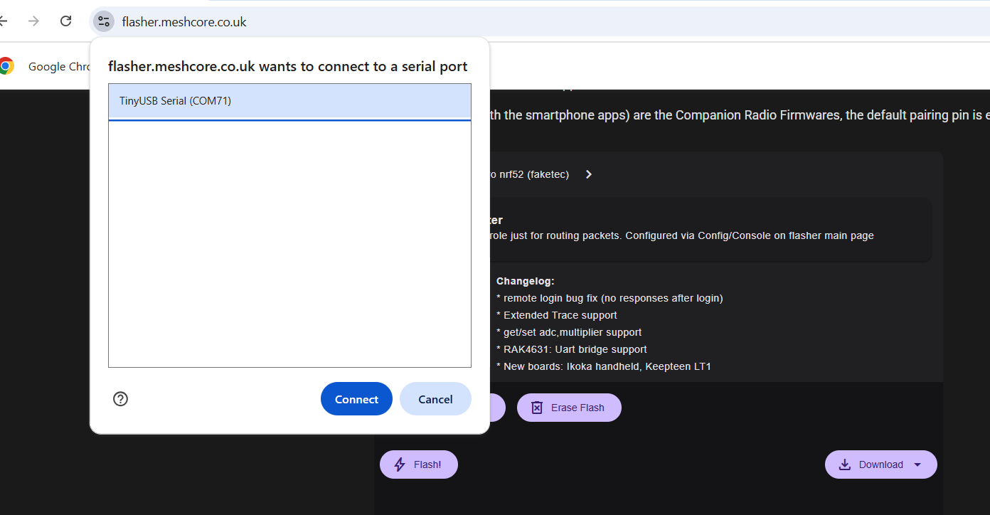 Screenshot of serial port connection pop-up